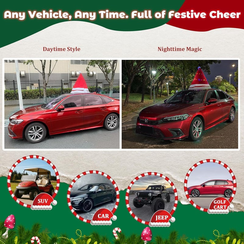 Angooni Universal Christmas Car Hat with Lights - 35" D x 33" H Festive Santa Roof Topper with Suction Cups, Zip Ties & Ribbons for Easy Secure Installation, Suitable for Jeeps, Trucks, Golf Carts - Image 4